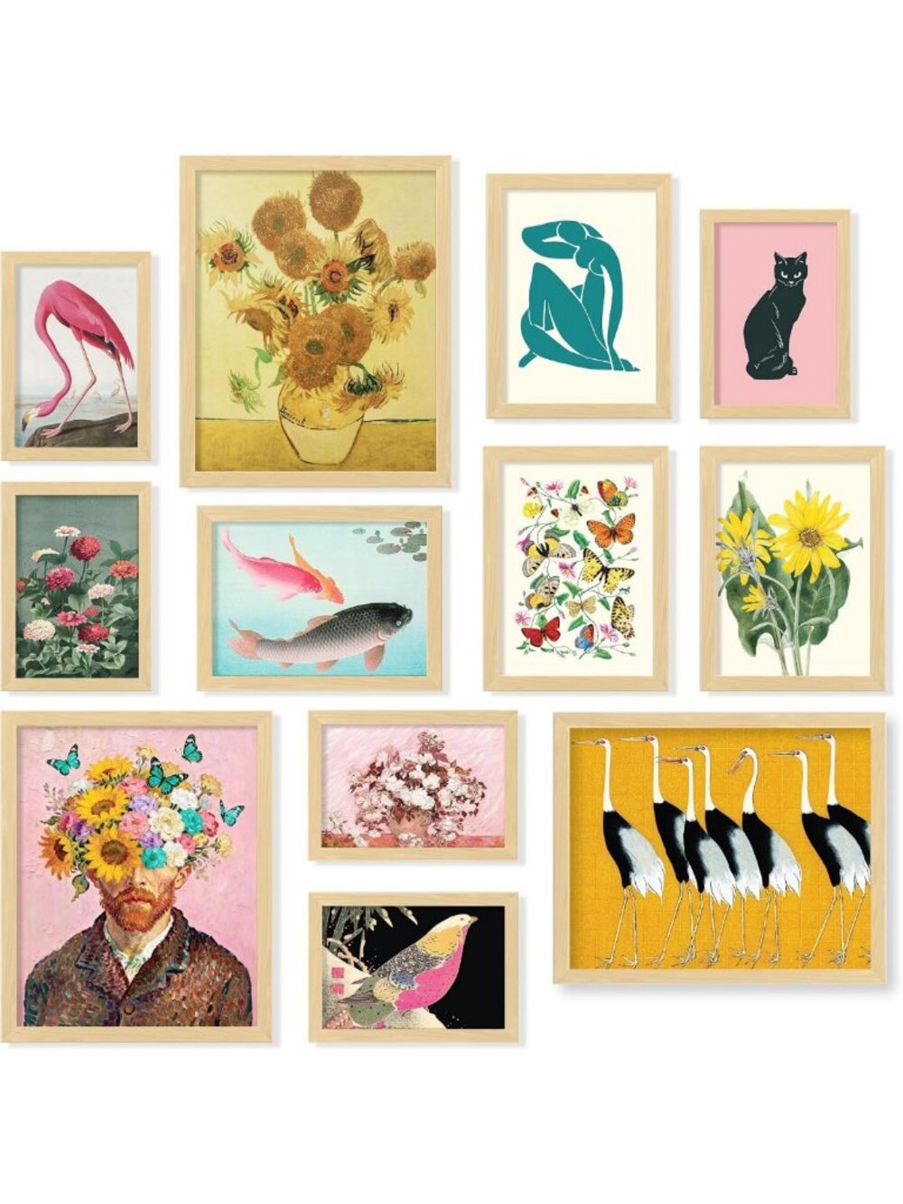 Eclectic Maximalist Wall Art Set - 12 Colorful Prints in Beige Frame, Home Decor